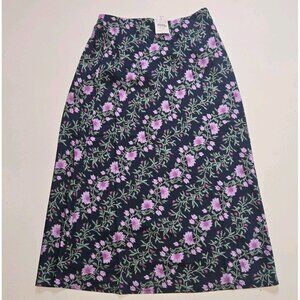 J Crew Floral Midi Skirt XXS Navy Blue Purple Green Light CC697 Elastic Waist NW